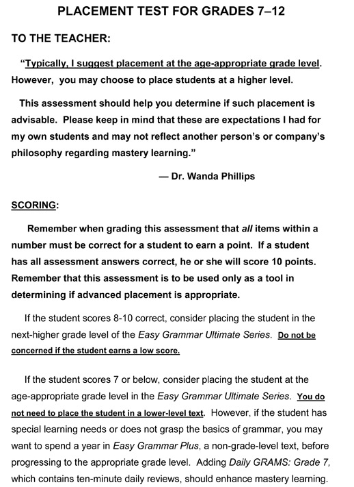 Free Grammar Placement Test for Grades 7-12